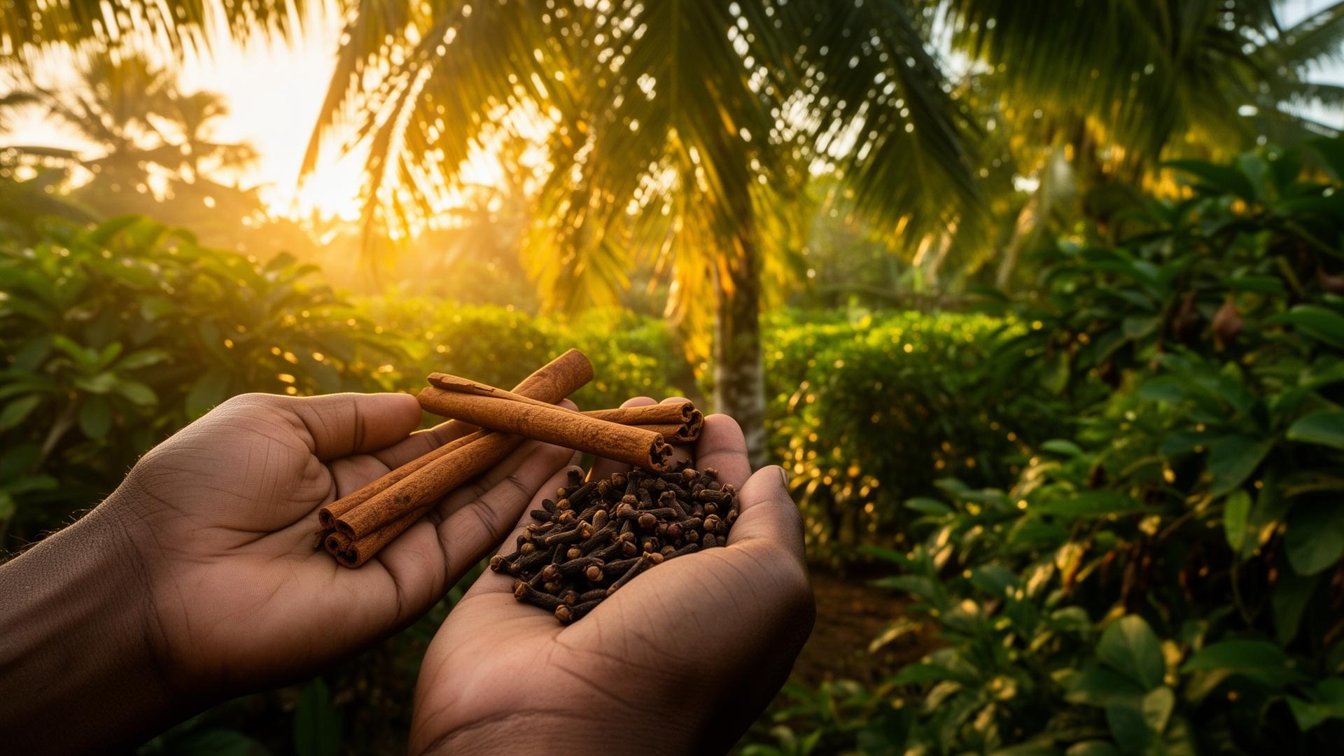 Hands holding fresh cinnamon and cloves at Mr. Kato Spice Farm in Zanzibar